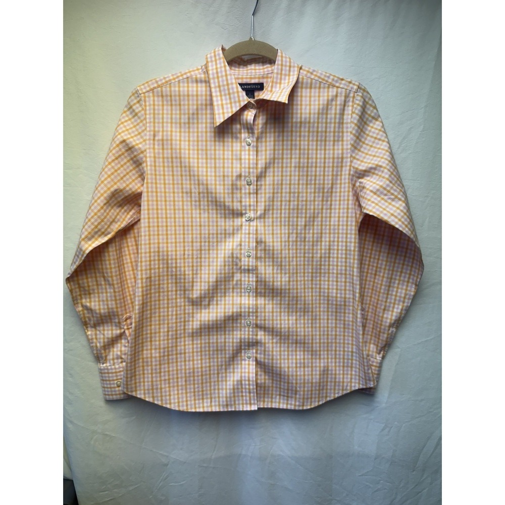 Lands End Women's Small Navy Orange/Pink/White No Iron Cotton Button Up Shirt